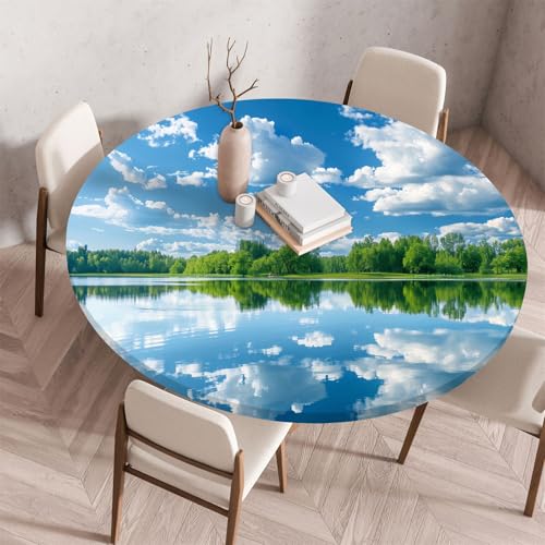 Morbuy Tischdecke Rund Wasserdicht, Garten Tischdecken mit Elastisch, See Druck Outdoor Abwaschbar Küchentisch Tischtuch für Tisch Dekoration (Blauer Himmel,Durchmesser 70cm) von Morbuy