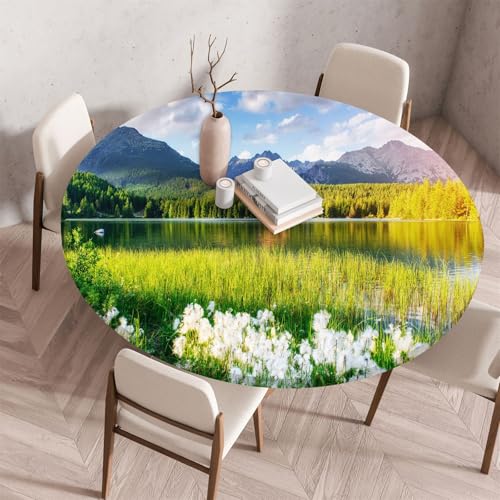 Morbuy Tischdecke Rund Wasserdicht, Garten Tischdecken mit Elastisch, See Druck Outdoor Abwaschbar Küchentisch Tischtuch für Tisch Dekoration (Gras,Durchmesser 60cm) von Morbuy