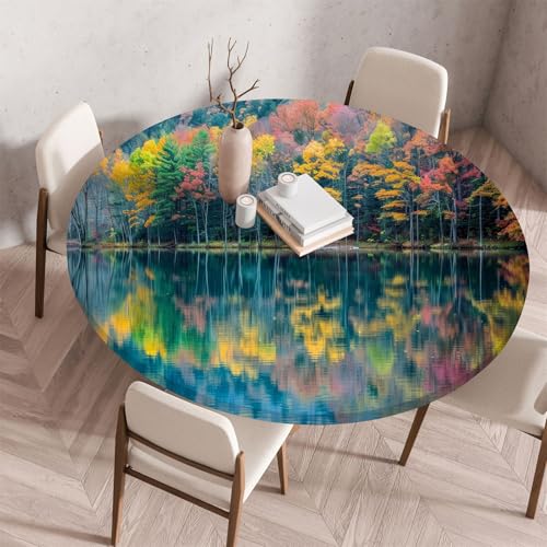 Morbuy Tischdecke Rund Wasserdicht, Garten Tischdecken mit Elastisch, See Druck Outdoor Abwaschbar Küchentisch Tischtuch für Tisch Dekoration (Wald,Durchmesser 70cm) von Morbuy