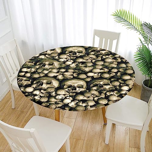 Morbuy Totenköpfe Drucken Rund Tischdecke Elastisch, Lotuseffekt Tischdecke Abwaschbar Tischdecken Gartentischdecke Indoor Outdoor Tischtuch (Durchmesser 90cm,Horror-Schädel 4) von Morbuy