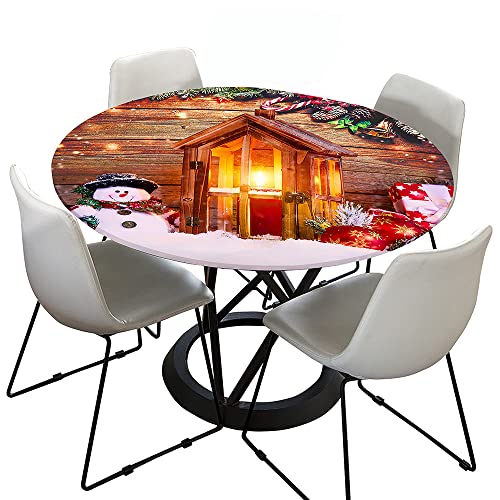 Morbuy Weihnachten Rund Tischdecke Elastisch, Rund Tischdecken Wasserdicht Lotuseffekt Abwaschbar Abwischbar Tischtuch für Dekoration Küchentisch Garten Outdoor (Durchmesser 90cm,Weihnachtshaus) von Morbuy