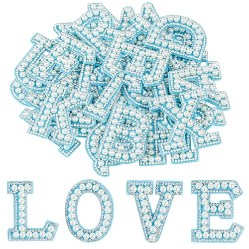 Morcheiong 26 x Perlen-Strass-Buchstaben-Aufnäher, selbstklebend, A-Z, zum Aufkleben, für Kleidung, Stoff, Rucksack (blau) von Morcheiong