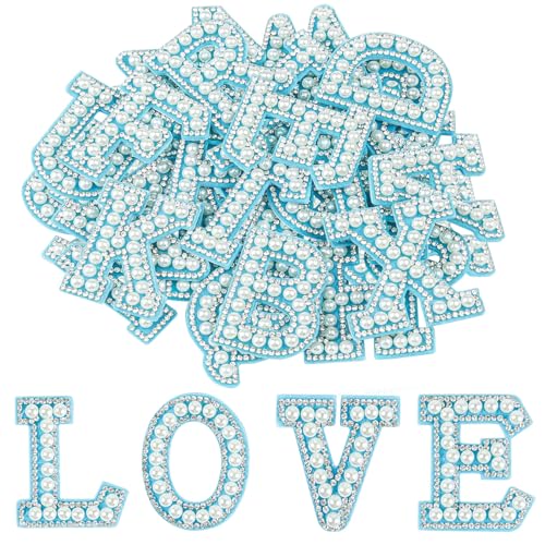 Morcheiong 26 Stück Perlen Strass Buchstaben Patches selbstklebend A-Z Stick auf Perle Buchstaben Patches für Kleidung, Stoff, Rucksack (blau) von Morcheiong