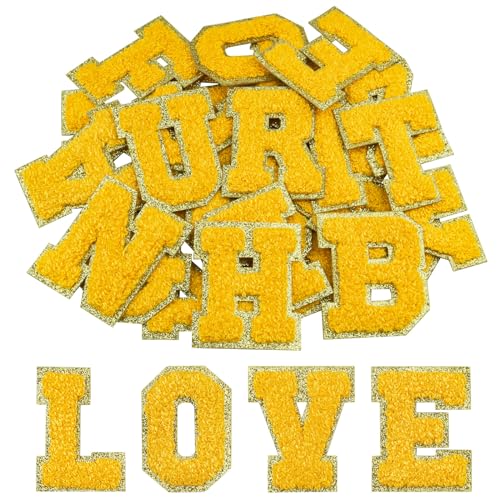 Morcheiong 26 Stück selbstklebende Chenille-Buchstabenflicken A-Z, Buchstaben zum Aufbügeln für selbstgemachte Kleidung, Stoffe, Schuhe, Taschen (Gelb) von Morcheiong
