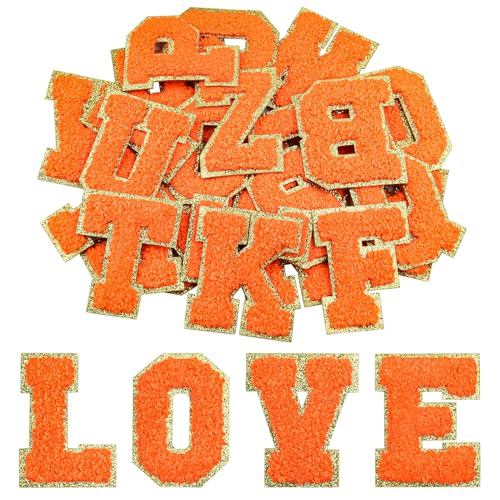 Morcheiong 26 Stück selbstklebende Chenille-Buchstabenflicken A-Z, Buchstaben zum Aufbügeln für selbstgemachte Kleidung, Stoffe, Schuhe, Taschen (Orange) von Morcheiong