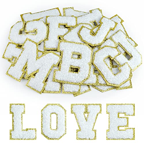 Morcheiong 26 selbstklebende Chenille-Buchstaben-Patches A-Z, zum Aufbügeln für DIY-Kleidung, Stoff, Schuhe, Taschen (weiß) von Morcheiong