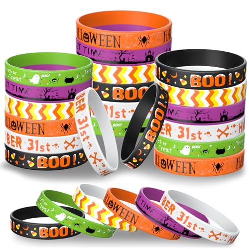 Morcheiong 36 Stück Halloween Gummi Armbänder, 6 klassische Design Silikon Armbänder für Halloween, gruselige Partyzubehör (Schwarz, Orange, Weiß, Grün, Violett) von Morcheiong
