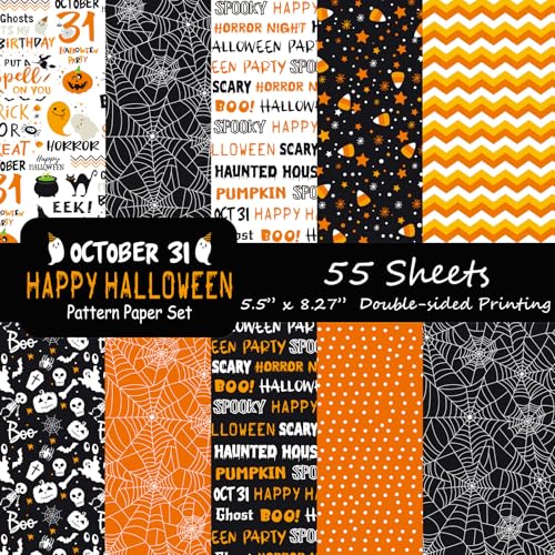Morcheiong 55 Blatt Halloween-Muster, dekoratives Papier, doppelseitig, für Kartenherstellung, Scrapbooking, Fotoalbum, Dekoration, 10 Designs (Orange, 14 x 21 cm) von Morcheiong