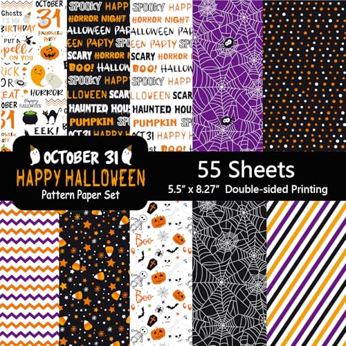 Morcheiong 55 Blatt Halloween-Muster, dekoratives Papier, doppelseitig, für Kartenherstellung, Scrapbooking, Fotoalbum, Dekoration, 10 Designs (lila, 14 x 21 cm) von Morcheiong