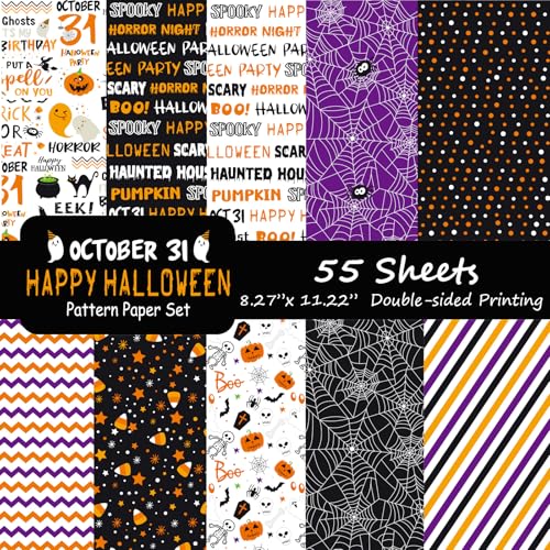 Morcheiong 55 Blatt Halloween-Muster, dekoratives Papier, doppelseitig, für Kartenherstellung, Scrapbooking, Fotoalbum, Dekoration, 10 Designs (lila, 21 x 28,5 cm) von Morcheiong
