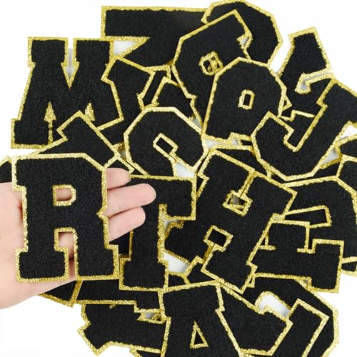 Morcheiong Chenille-Buchstaben-Aufnäher A-Z, selbstklebend, Buchstaben zum Aufbügeln für Kleidung, Varsity-Buchstaben für Stoff, Schwarz, 26 Stück von Morcheiong
