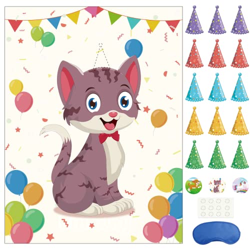 Morcheiong Pin The Tail on The Cat Geburtstagsparty-Spiel mit 48 Hüten, Katzen-Motto-Geburtstagsparty-Geschenkartikel, Dekorationen für Kinder von Morcheiong