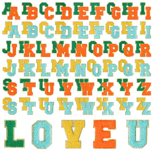 Morcheiong Selbstklebende Chenille-Buchstaben-Aufnäher, Chenille-Buchstaben, Buchstaben-Patches für Kleidungsstoff (Blau, Orange, Gelb, Dunkelgrün), 104 Stück von Morcheiong