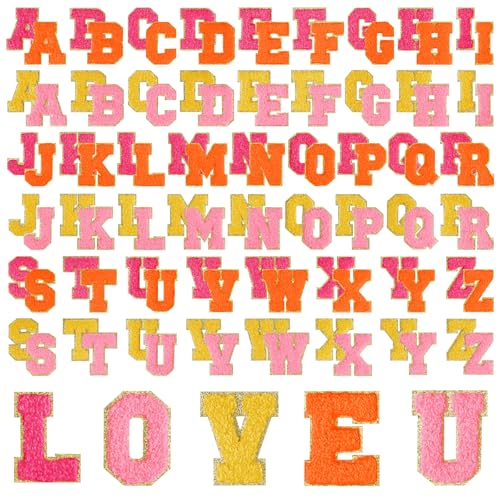 Morcheiong Selbstklebende Chenille-Buchstaben-Aufnäher, Chenille-Buchstaben, Buchstabenaufnäher für Kleidungsstoff (Rosenrot, Rosa, Orange, Gelb), 104 Stück von Morcheiong