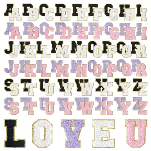 Morcheiong Selbstklebende Chenille-Buchstaben-Aufnäher, Chenille-Buchstaben, Buchstabenaufnäher für Kleidungsstoff (Schwarz, Hellviolett, Hellrosa, Weiß), 104 Stück von Morcheiong