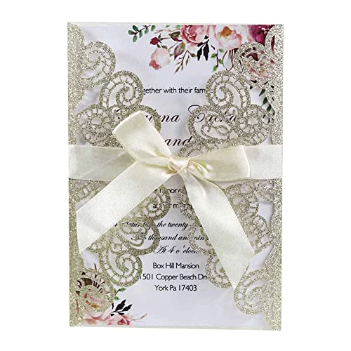 MoreChioce 25 Stück Hochzeit Einladungskarte, Lasergeschnittene Hochzeitseinladung Hochzeitseinladungskarten Klappkarten Geburtstag Hochzeit Einladung mit Schleife und Umschlägen,Grün Gold von MoreChioce