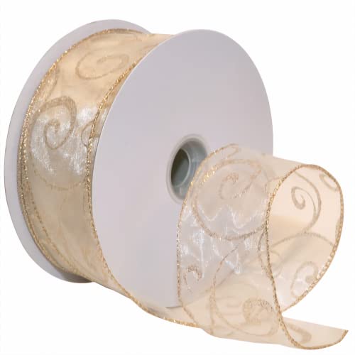 Morex Ribbon 7416.60/50-004 Swirl 6,3 cm x 45,7 m Nylon Sheer Curling Wired Glitter Ribbon, Ivory/Gold, Holiday Ribbons for Crafts and Christmas Decorations, Indoor Christmas Ribbon for Gift Wrapping von Morex Ribbon