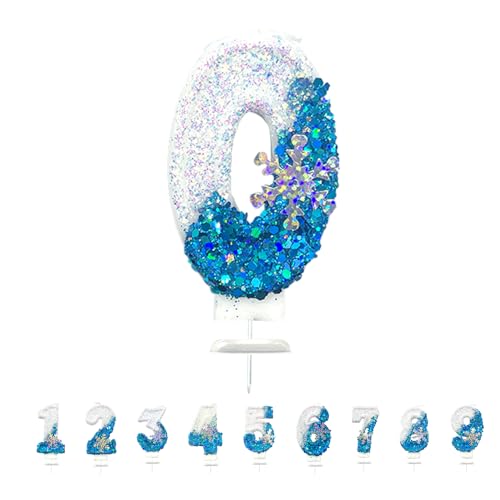 Geburtstagskerzen Zahlen, 3D Blue White Frozen mit Schneeflocke Geburtstagskerzen, Glitzernde Kerzen für Kuchen, Geburtstag Tortendeko Kerzen für Kinder, Jubiläum, Meilenstein (Nummer 0) von Morocket