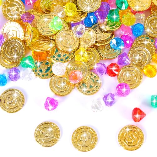 Morocket 200 Stück Piratenschatz, 100 Goldmünzen Kinder und 100 Edelsteine, Piraten Goldmünzen für Decoration Piraten Kindergeburtstag, Schatzsuche Kindergeburtstag, Edelsteine Kindergebur von Morocket