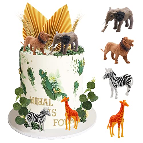 Morofme 20 realistische Safari-Dschungel-Tier-Tortenaufsätze, goldene Palme, Eukalyptusblätter, Löwe, Giraffe, Elefant, Zebra, Figuren, Tier-Kuchendekoration für Safari-Dschungel-Wild-Zoo-Party von Morofme