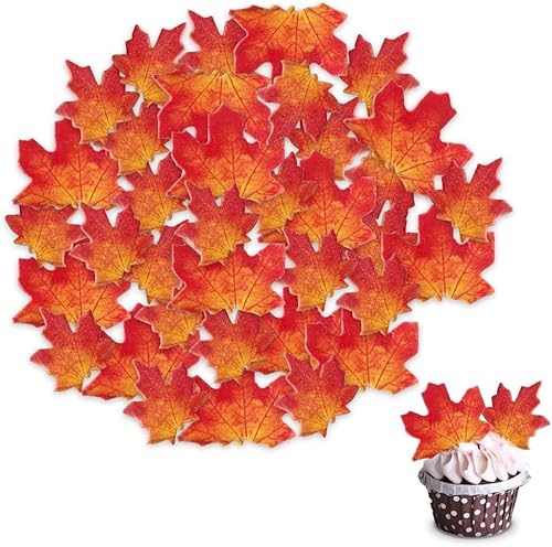 Morofme 50pcs essbare Herbstblätter Cupcake Toppers Ahornblätter Kuchen Toppers essbare Gold Blatt Cupcake Topper Wafer Papier Herbst Blatt Kuchen Dekorationen für Herbst Thanksgiving Party von Morofme