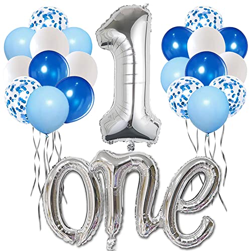 Morofme Silver One Ballon zum ersten Geburtstag 22 Stück, Nummer 1 Ballon, 40 Zoll Silver One Ballon mit blau weißen Ballons zum ersten Geburtstag, Boy 1 Geburtstag Ballon, großer silberner 1 Ballon von Morofme