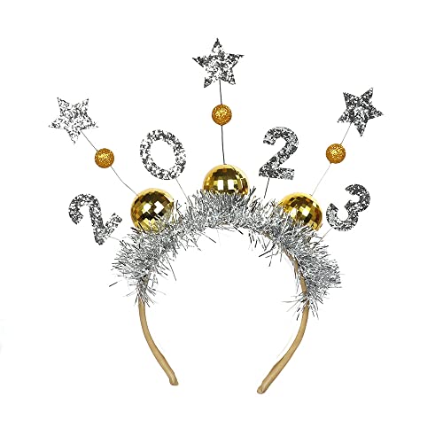 Silvester Party Stirnband - 2023 Neujahr Haarband, Silvester Party Supplies, Happy New Year Stirnband Kopfschmuck, Metall Quaste Noisemaker Gold und Silber Neujahr Party (1 Pack) von Moskado