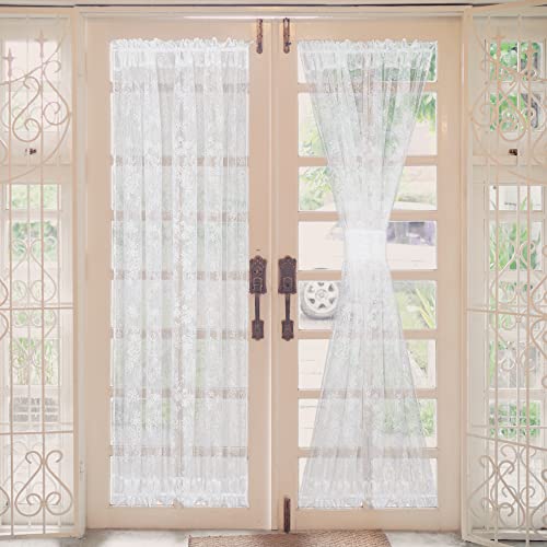 Moslovstar 2 Stück floraler französischer Türvorhang, halbtransparente Sichtschutzvorhänge für Glastüren auf der Terrasse, Raffhalter enthalten, 138 x 102 cm, weiß von Moslovstar