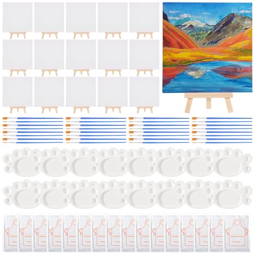 MotiMind 104-teiliges Leinwandbrett mit Staffelei-Set zum Bemalen von Holzstaffeleien, Pinseln, Paletten, Einweg-Schürzen für Öl-Acrylmalerei, Handwerk, Geburtstag, Kunst, Partyzubehör (15,2 x 15,2 cm von MotiMind