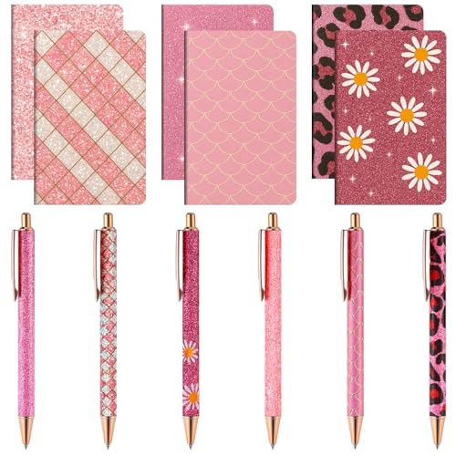 MotiMind 12 Sets ausgefallene Stifte und Notizblöcke, 6 Mini-Glitzer-Notizbücher, 6 niedliche glitzernde Glitzerstifte für Mädchen, Frauen, Büro, Schule, Weihnachten, Abschlussfeier (Rosa) von MotiMind