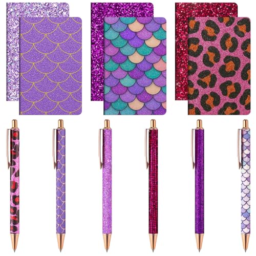 MotiMind 12 Sets ausgefallene Stifte und Notizblöcke, 6 Mini-Glitzer-Notizbücher, 6 niedliche glitzernde Glitzerstifte für Mädchen, Frauen, Büro, Schule, Weihnachten, Abschlussfeier (lila) von MotiMind