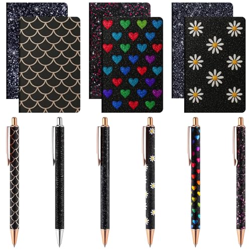 MotiMind 12 Sets ausgefallene Stifte und Notizblöcke, 6 Mini-Glitzer-Notizbücher, 6 niedliche glitzernde Glitzerstifte für Mädchen, Frauen, Büro, Schule, Weihnachten, Schulabschluss, Schwarz von MotiMind