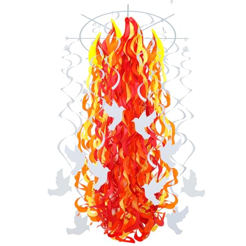 MotiMind 44 Stück Pfingst-Kirchendekorationen, einschließlich 20 lebensechte Papierflammen-Hängewirbel, 12 weiße Tauben und 12 weiße einzelne hängende Wirbel für Pfingsten, Veranstaltungen, von MotiMind