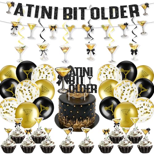 MotiMind Martini Geburtstagsparty-Dekorationen, ein Tini Bit älteres Banner, Martini-Kuchenaufsatz, schwarze und goldene Luftballons für Bar, Hochzeit, Cocktail, Verlobung, Junggesellinnenabschied, von MotiMind