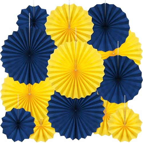 MotiMind Papierfächer in Blau und Gelb, Party-Dekorationen, Klassenzimmer-Dekoration, Wandhintergrund, Deckendekoration, Dekoration für Geburtstag, Hochzeit, Abschlussfeier, Mottoparty, 24 Stück von MotiMind