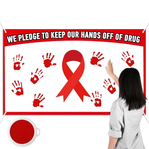 MotiMind Red Ribbon Wochenbewusstseins-Poster mit Stempelkissen, 152,4 x 91,4 cm, rotes Schleifenschild, Druck "We Pledge to Keep Our Hands off of Drug", Banner Hintergrund für Pinnwand von MotiMind
