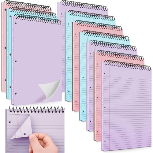 MotiMind Spiralnotizblock mit 3 gelochten Notizblöcken, College, liniert, 50 Blatt, Hartkarton, Spiralbindung, Notizblock für Büro, Schule, Geschäft, Rosa, Blau, Violett, 10 Packungen von MotiMind