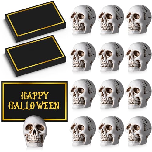 MotiMind Tischkartenhalter mit Halloween-Totenkopf-Motiv, mit 48 Tischkarten, Kunstharz, kleiner Totenkopf-Kopf, Tischnummernhalter, Clips, Fotoständer, Tafelaufsätze für Halloween, Party, Hochzeit von MotiMind