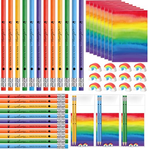 Motipuns Mini-Notizbuch, Großpackung, Geschenk für Schüler vom Lehrer, Mini-Regenbogen-Notizblock, Regenbogen-Schulbleistift, Mini-Regenbogen-Radiergummi für Kinder, Studenten, 24 Sets von Motipuns