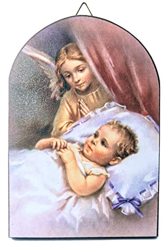 Motivationsgeschenke Schutzengel Bild Engel betet für das Baby 15 × 10 cm bewachend Halbrund Wandbild Kinderzimmer, Mehrfarbig von Motivationsgeschenke