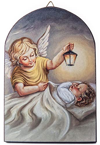 Motivationsgeschenke Schutzengel Bild Engel mit Laterne 15 x 10 cm Engel bewacht das Kind Halbrund Wandbild für Kinderzimmer, Mehrfarbig von Motivationsgeschenke