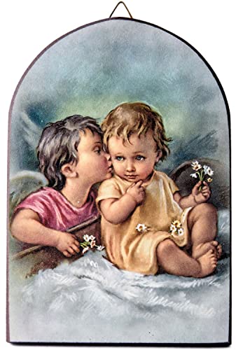 Motivationsgeschenke Schutzengel Wandbild - 15 x 10 cm | Engel küsst das Kind | Halbrund | Holzbild | Dekorative Kinderzimmer Wanddeko von Motivationsgeschenke