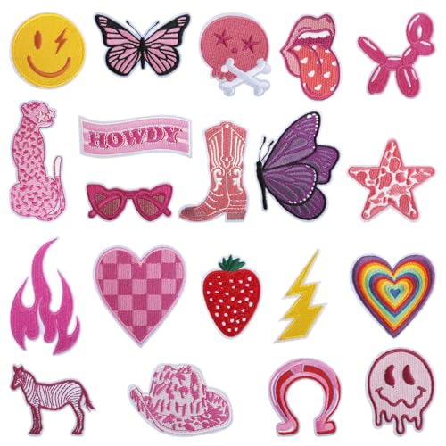 20 Stück adrette Aufnäher zum Aufbügeln für Mädchen, rosa Cowgirl, bestickte Applikationen, Y2K-Reparaturflicken, ästhetisches DIY-Zubehör für Kleidung, Rucksack, Hut, Jacke, Jeans 20 Stück adrette Aufnäher zum Aufbügeln für Mädchen, rosa Cowgirl, bestickte Applikationen, Y2K-Reparaturflicken, ästhetisches DIY-Zubehör für Kleidung, Rucksack, Hut, Jacke, Jeans von Motroce
