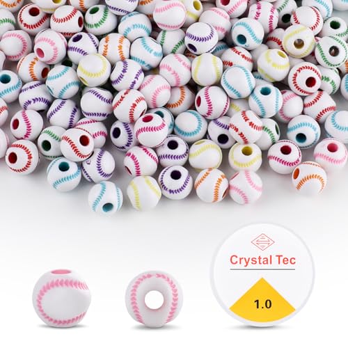 Baseball-Perlen mit 1 Rolle, 1 mm elastisches Seil, 10 mm Acryl-Sportkugelperlen für Armbänder, DIY, Schmuckherstellung, Halskettenanhänger, Schlüsselanhänger, Heimdekorationszubehör (mehrfarbig), 200 von Motroce