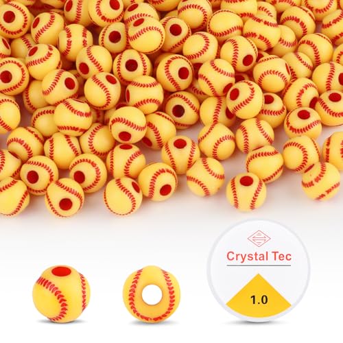 Baseball-Perlen mit 1 Rolle, 1 mm elastisches Seil, 11 mm Acryl-Sportkugelperlen für Armband, DIY, Schmuckherstellung, Halskettenanhänger, Schlüsselanhänger, Heimdekorationszubehör (gelb), 200 Stück von Motroce