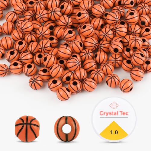 Basketballperlen mit 1 Rolle 1 mm elastischem Seil, 10 mm Acryl-Sportkugelperlen für Armbänder, DIY, Schmuckherstellung, Halskettenanhänger, Schlüsselanhänger, Heimdekorationszubehör, 200 Stück von Motroce