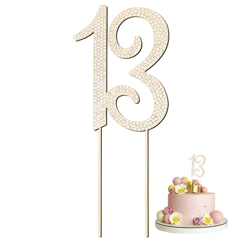 Geburtstagskuchenaufsatz mit Zahl 13, Legierung, Kristall, Strasssteine, Kuchendekoration, für 13. Geburtstag oder Jubiläumsfeier (Gold) von Motroce