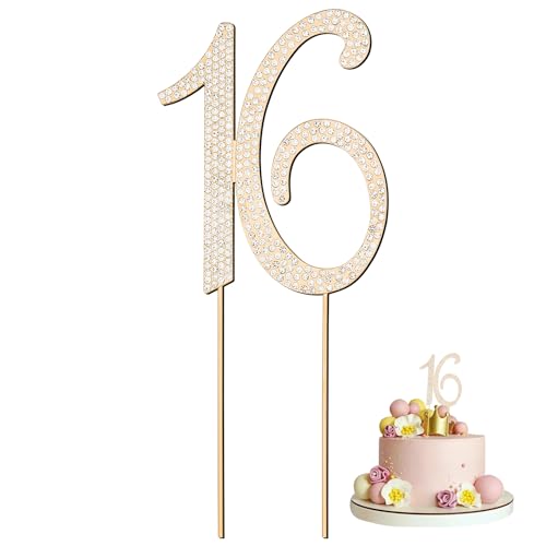 Geburtstagskuchenaufsatz mit Zahl 16, Legierung, Kristall, Strasssteine, Kuchendekoration, für 16. Geburtstag oder Jubiläumsfeier (Gold) von Motroce