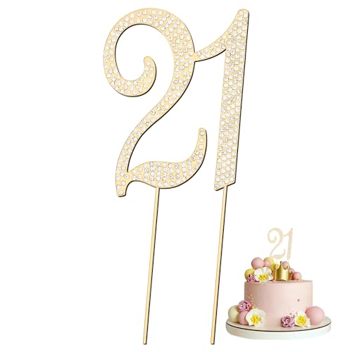 Geburtstagskuchenaufsatz mit der Zahl 21, Legierung, Kristall, Strasssteine, Kuchendekoration, für 21. Geburtstag oder Jubiläumsfeier (Gold) von Motroce