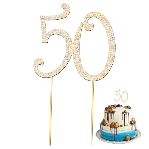 Geburtstagskuchenaufsatz mit der Zahl 50, Legierung, Kristall, Strasssteine, Kuchendekoration, für 50. Geburtstag oder Jubiläumsfeier (Gold) von Motroce